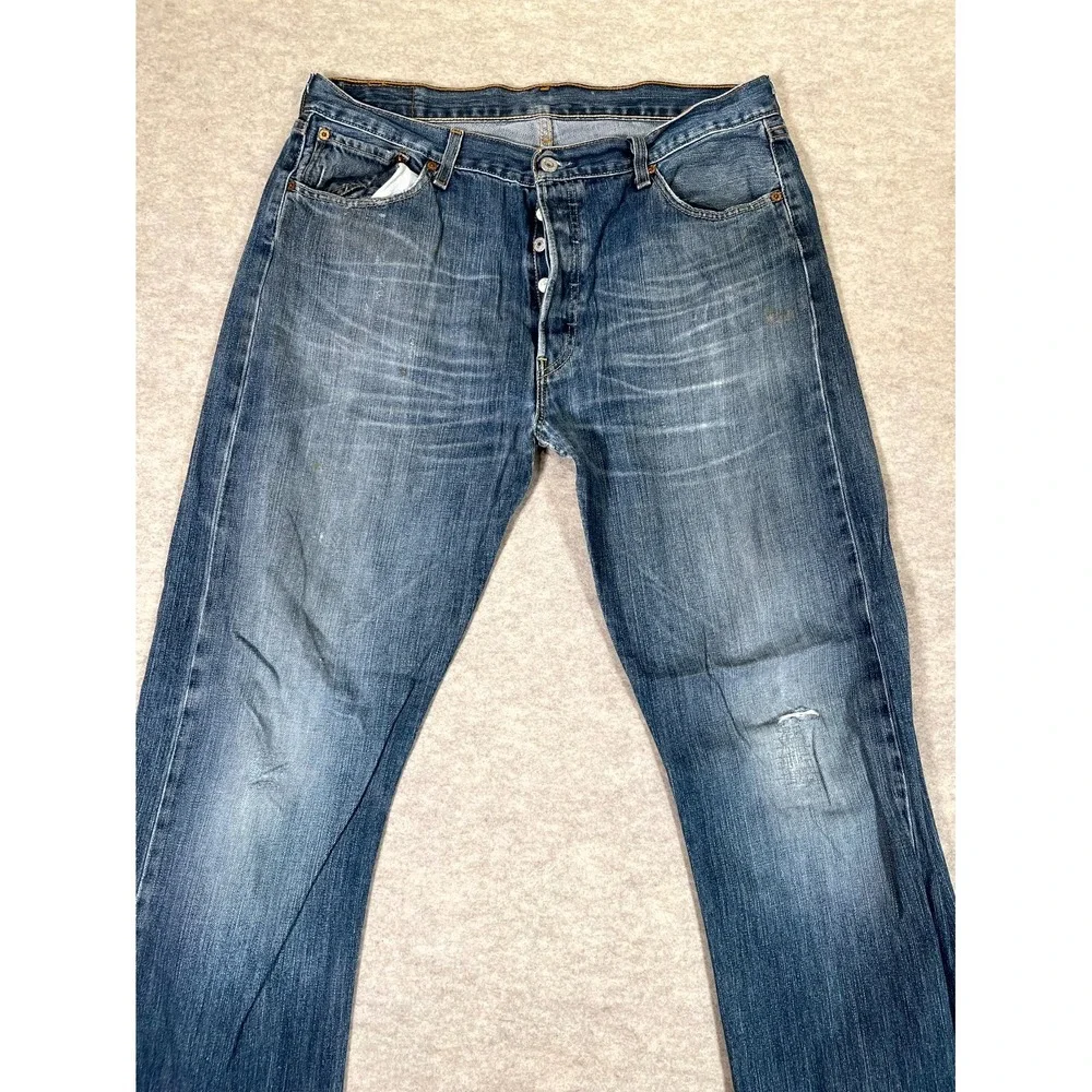 Levis 501 Original Fit‎ Jeans Mens 36x34 Blue Whisker Denim Cotton Logo Mid Rise